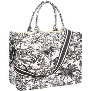 Black and White Embroidered Canvas Tote Bag with Detachable Strap for Women
